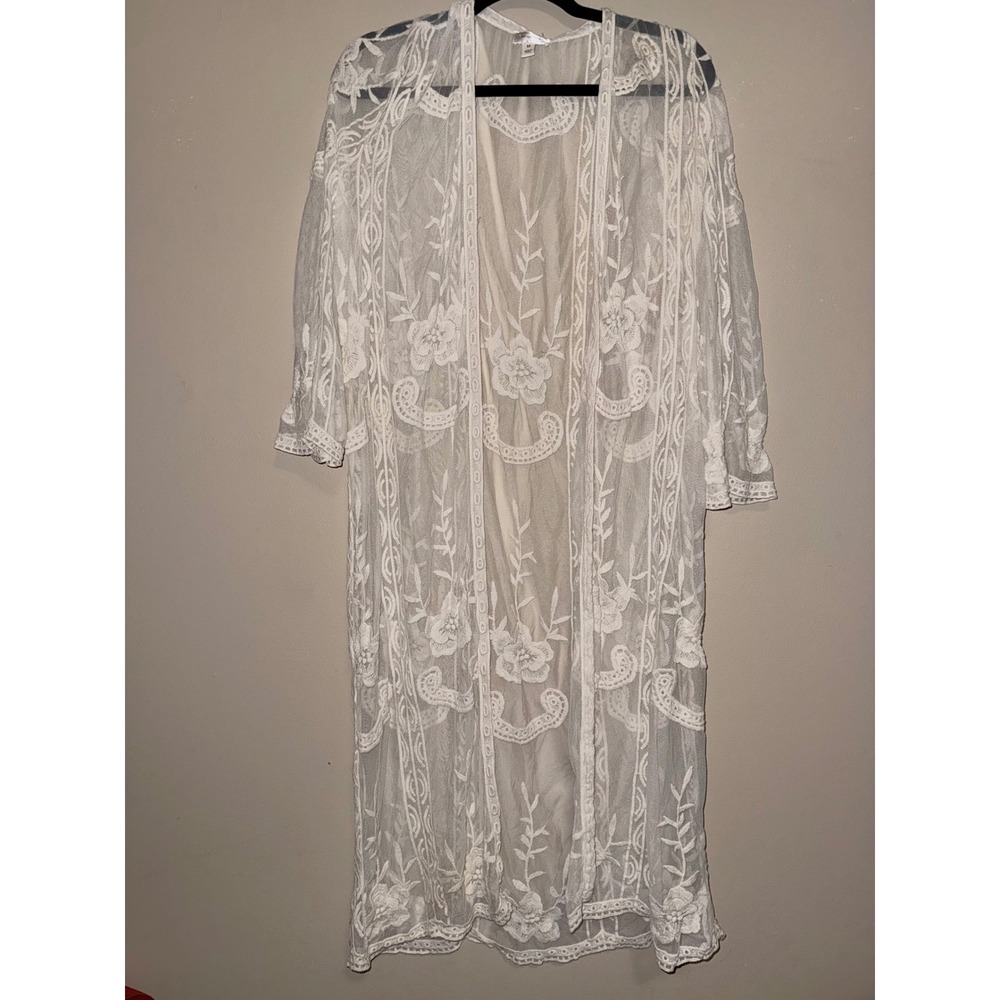 Dizzy Gal Ivory Floral Embroidered Mesh Lace Duster Kimono Cardigan M Fairycore